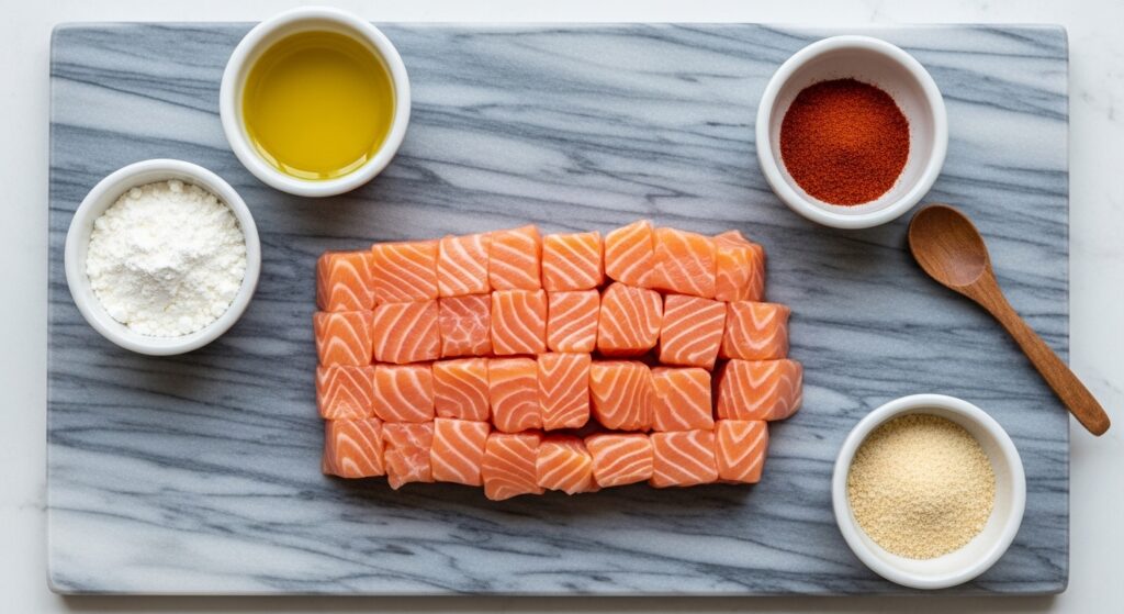 Raw salmon cubes and ingredients for salmon seasoning.