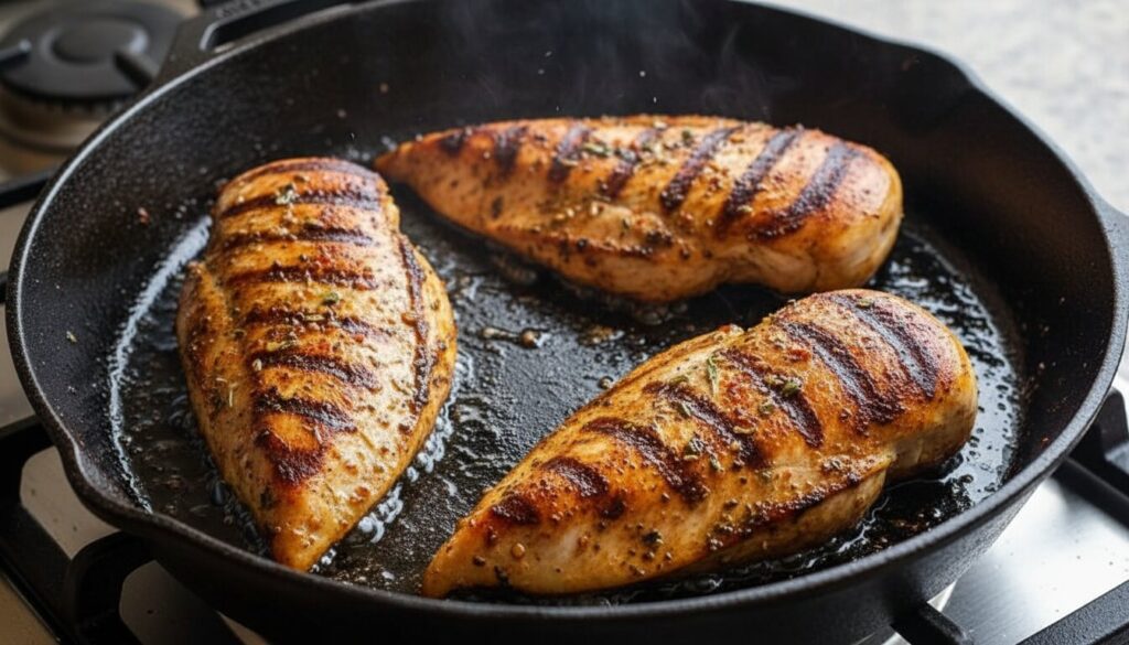 Seasoned chicken breast strips cooking in a pan for a Greek bowl.
