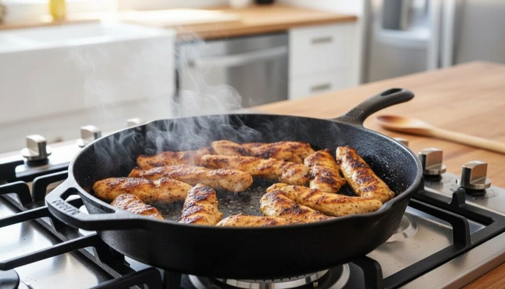 Cooking chicken shawarma on a stovetop cast iron skillet.