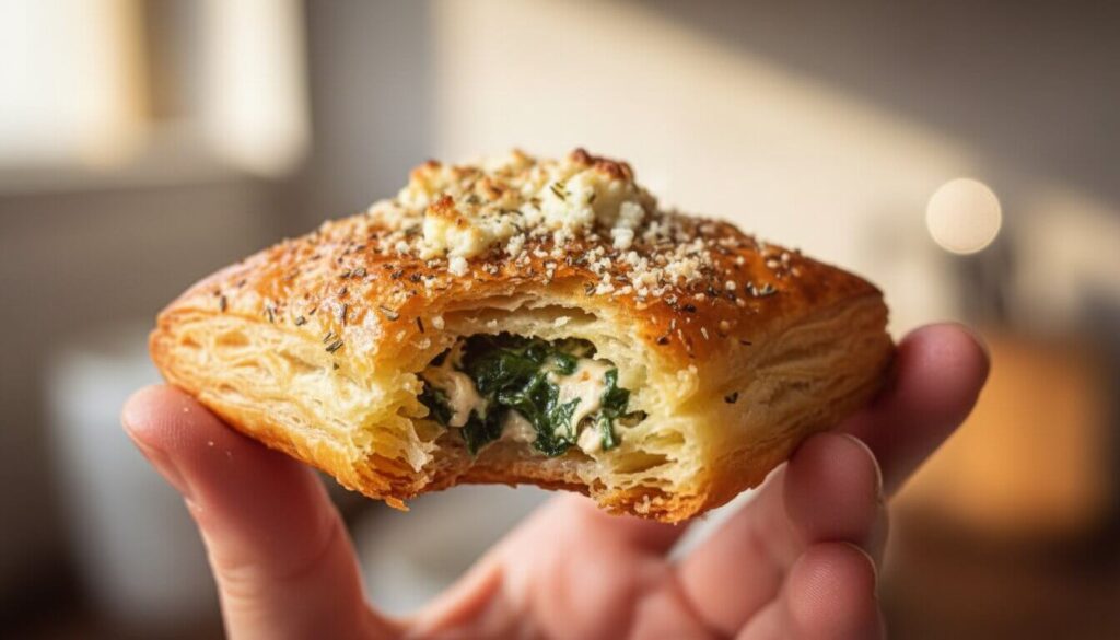 Close-up of the flaky layers in a spinach feta pastry.
