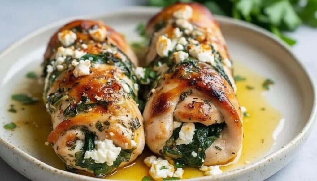 Baked Mediterranean stuffed chicken breasts in plate
