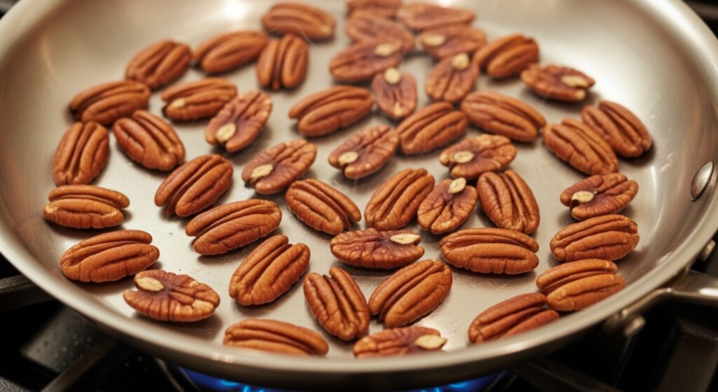 Close-up of pecans being toasted in a pan for chicken salad.