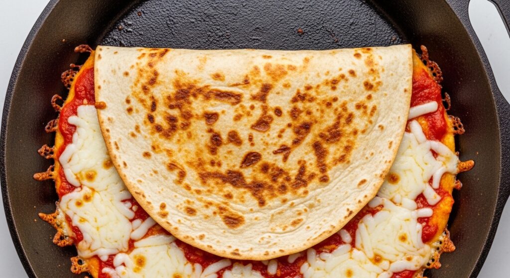 A pizza quesadilla browning in a skillet on a stovetop.