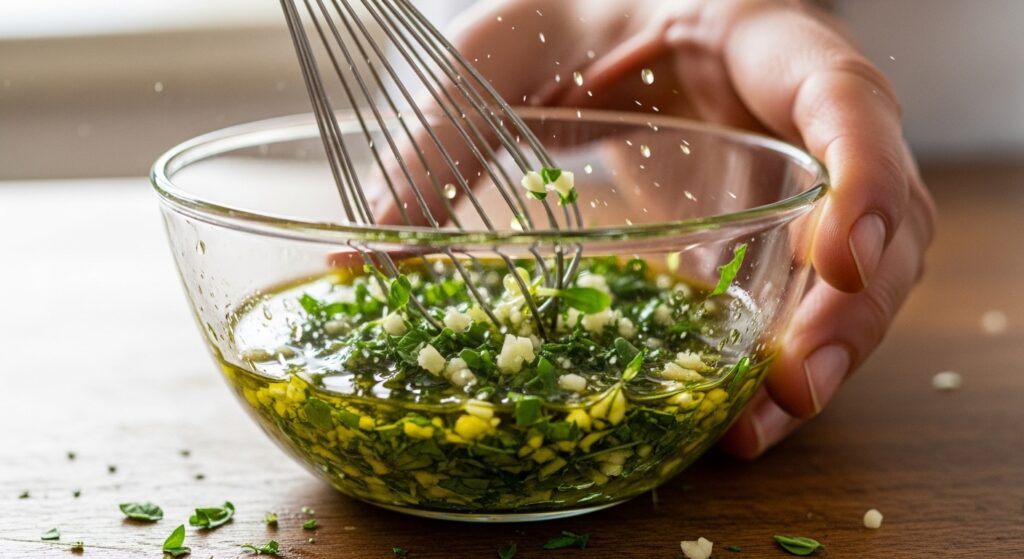 Whisking a garlic and herb marinade for Mediterranean salmon.