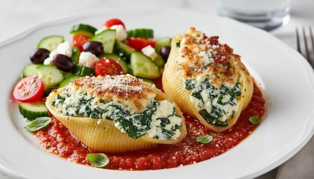 A plate of spinach and ricotta stuffed shells served with a side salad.