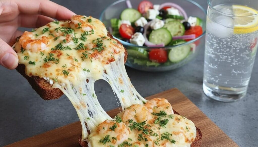Cheesy baked shrimp appetizer with cheese pull.