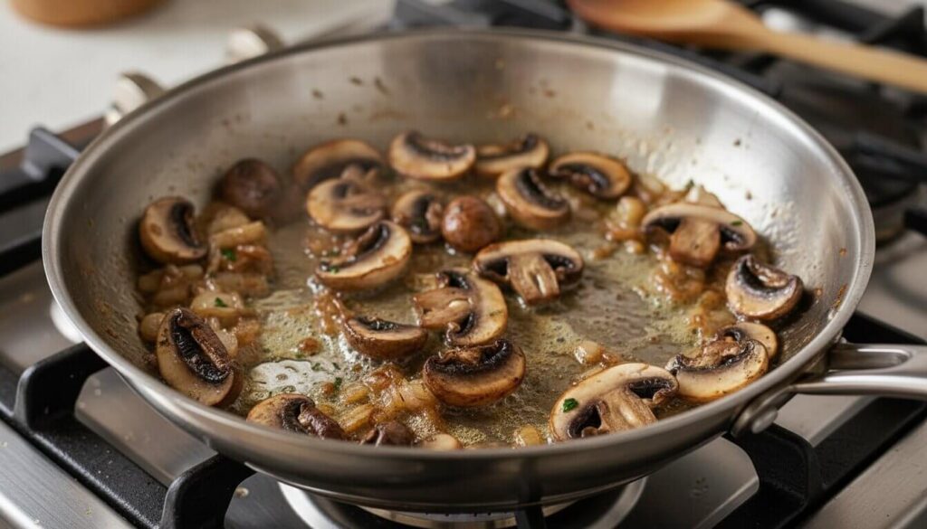 Sautéing cremini mushrooms and shallots in a pan.
