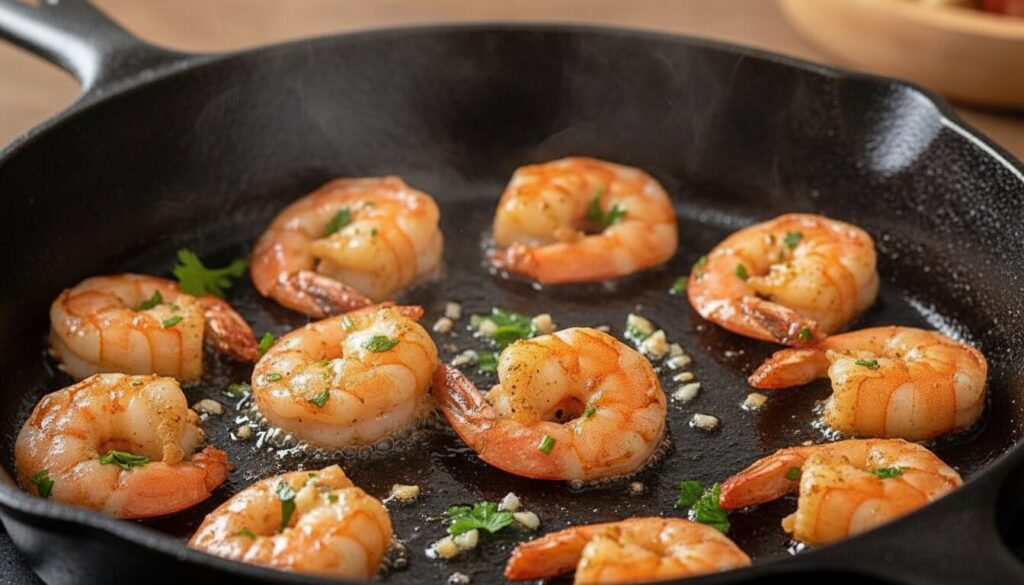 Close-up of prawns being pan-seared with garlic and paprika for a Mediterranean bowl.