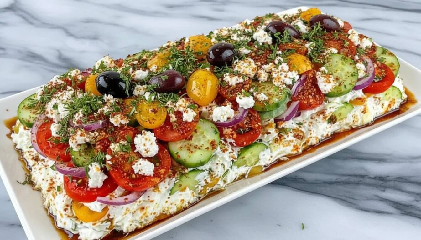 Overhead view of a Greek feta board topped with fresh Mediterranean vegetables and hot honey.