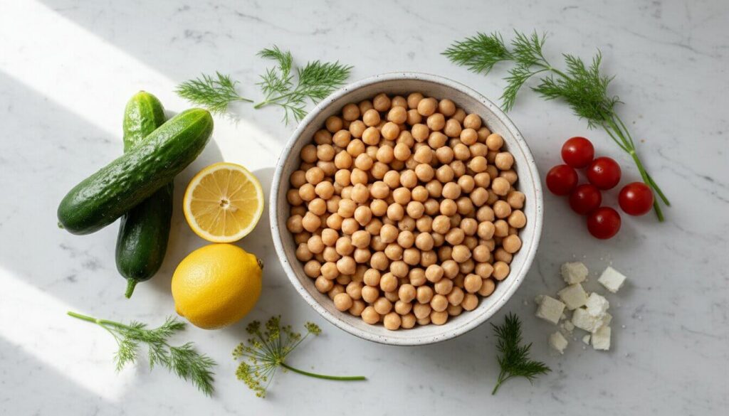 Fresh ingredients for a healthy Mediterranean chickpea salad.