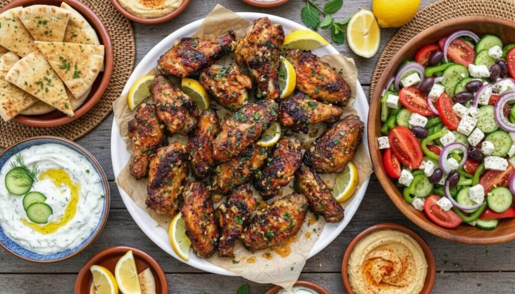 Mediterranean dinner spread with chicken wings and side dishes