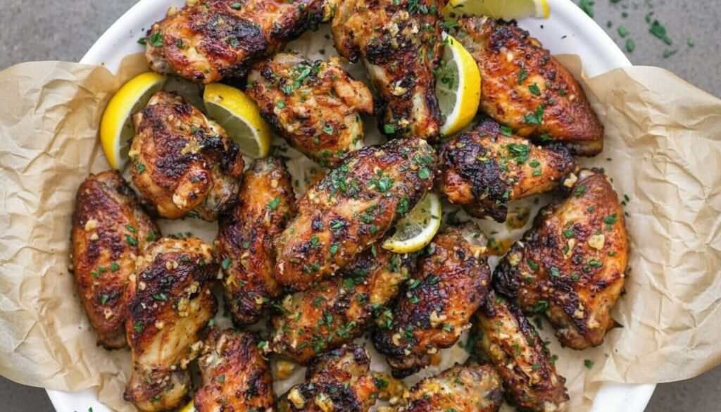 Crispy lemon garlic chicken wings with parsley and lemon