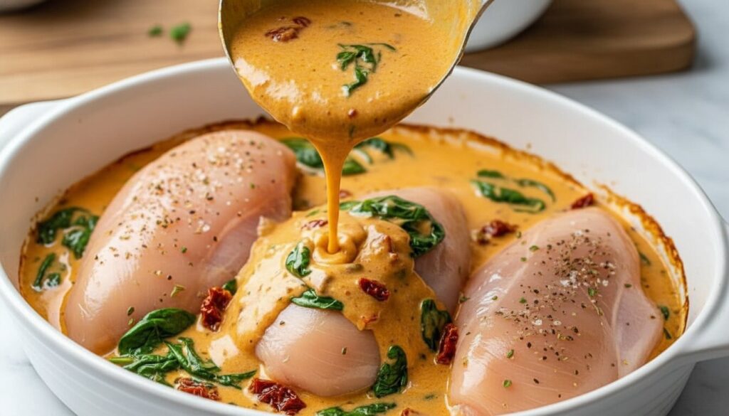 Pouring creamy sauce over chicken for Tuscan bake.