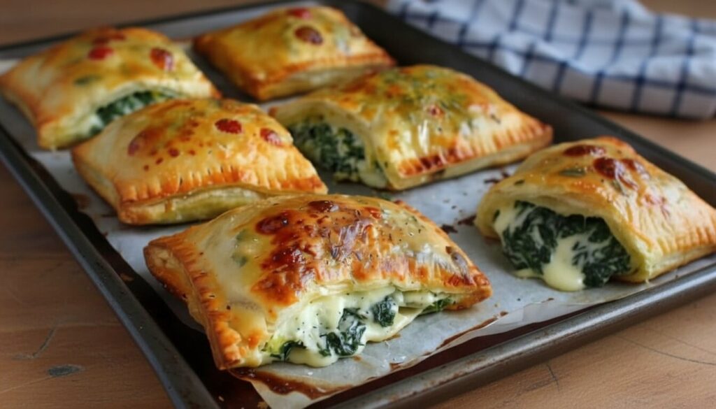 Crispy spinach and feta pastries arranged on a marble platter.