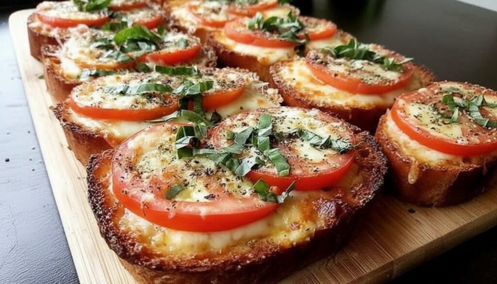 A platter of fresh tomato basil garlic bread with olive oil and herbs.