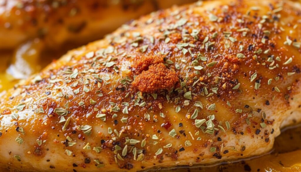 Close-up of Mediterranean seasonings on chicken for baking.