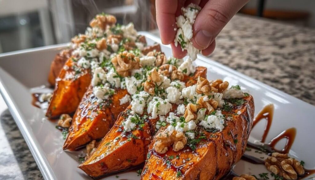 Adding feta cheese and toasted walnuts to roasted sweet potatoes.