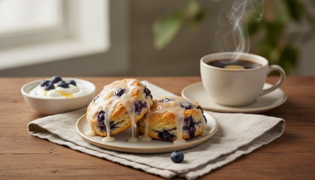 Mediterranean breakfast spread featuring blueberry scones and coffee.
