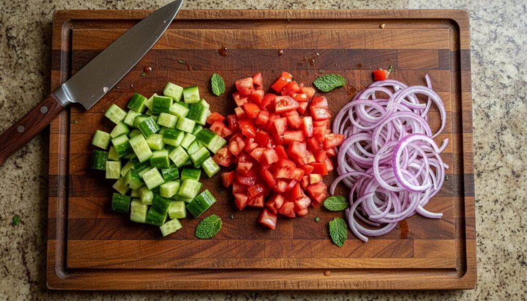 Freshly chopped vegetables for a healthy Greek salad.
