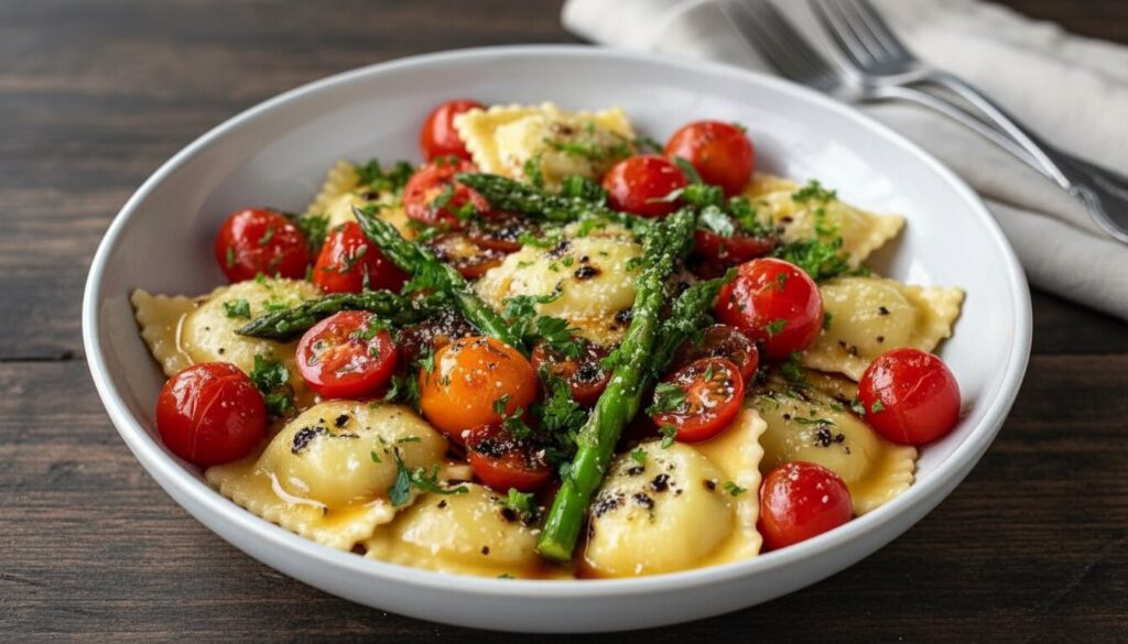 Plate of healthy asparagus ravioli with fresh tomato sauce and basil.