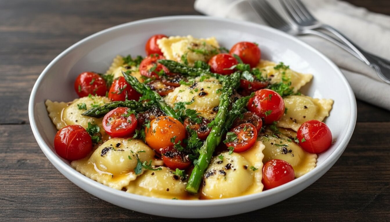 Plate of healthy asparagus ravioli with fresh tomato sauce and basil.