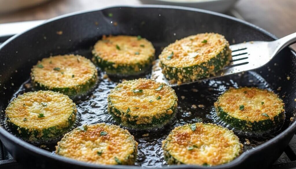 Pan-frying breaded zucchini rounds in olive oil until golden brown.