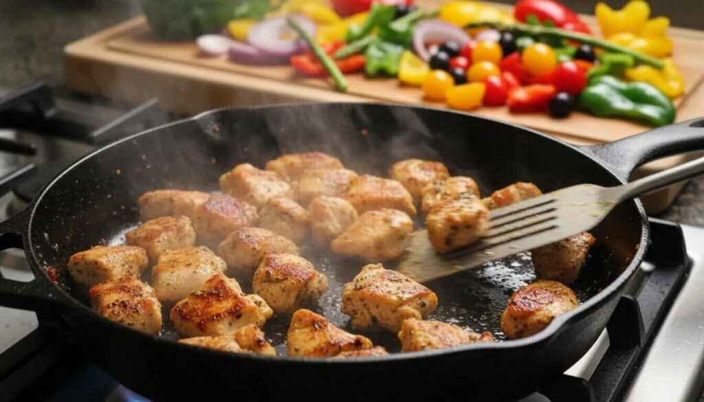 Searing seasoned chicken chunks in a hot skillet with olive oil.