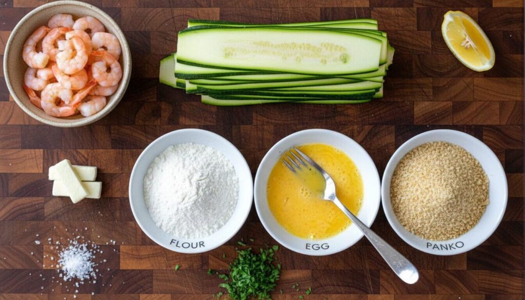 Ingredients for Mediterranean zucchini shrimp bites including zucchini ribbons and panko.