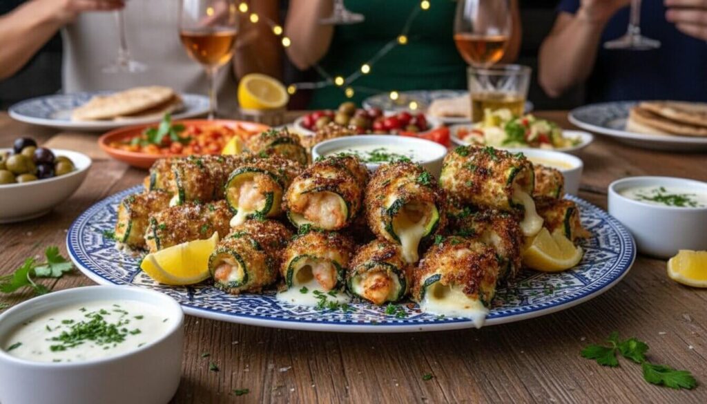 Golden fried shrimp wrapped in zucchini with yogurt dip on a party platter.