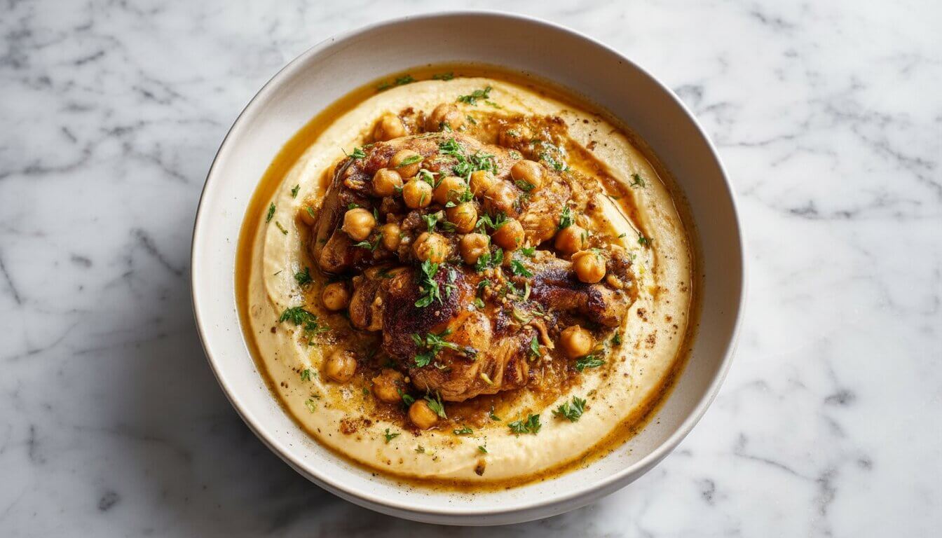 Slow-Braised Chicken with Hummus garnished with parsley and chickpeas in a white bowl.