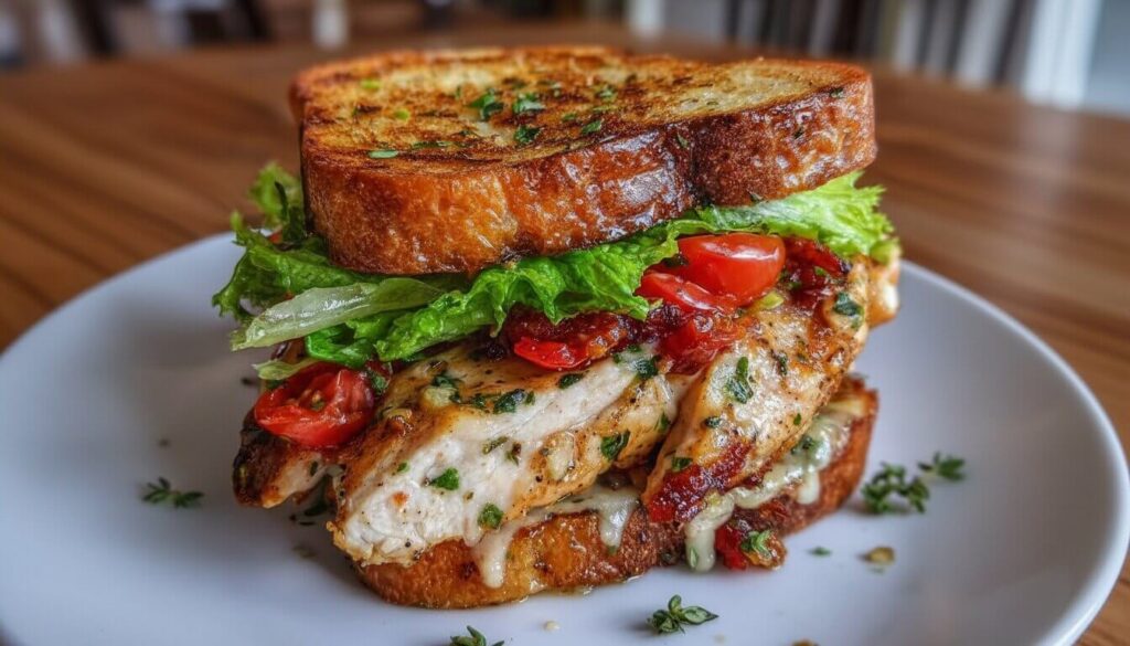 Close-up of a Garlic Butter Lettuce, Tomato & Grilled Chicken Sandwich with melted butter and fresh vegetables.