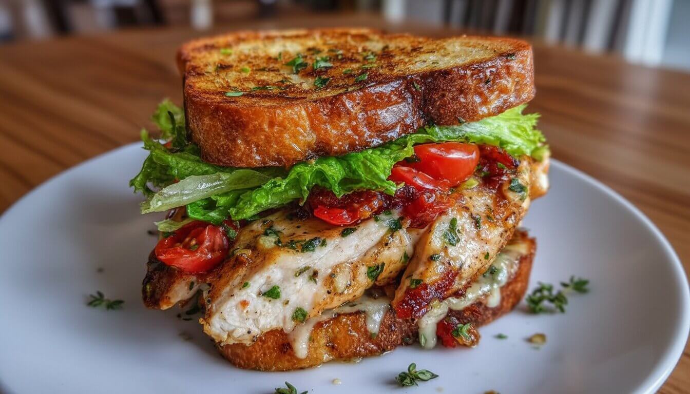 Close-up of a Garlic Butter Lettuce, Tomato & Grilled Chicken Sandwich with melted butter and fresh vegetables.