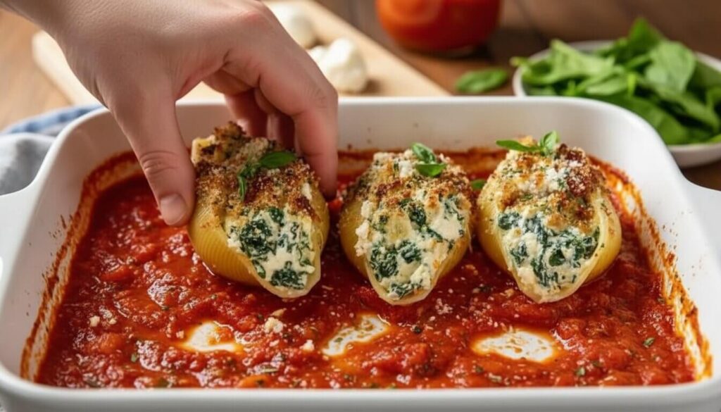 Assembling stuffed shells in a ceramic baking dish with tomato sauce.