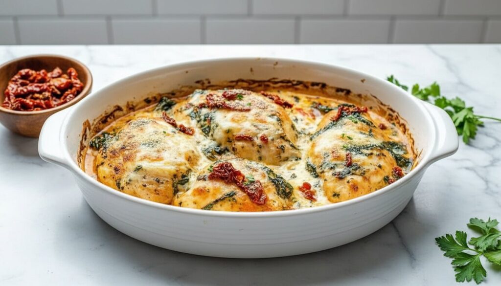 Freshly baked Tuscan chicken casserole in a white baking dish.