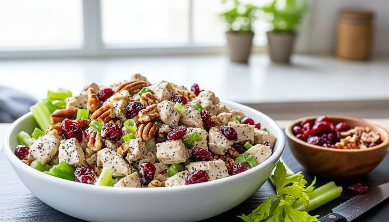 Top-down view of Cranberry Pecan Chicken Salad in a white bowl on a marble surface.