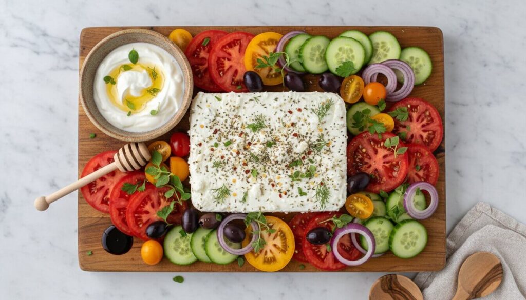 Ingredients for Greek Feta Board including feta cheese, yogurt, vegetables, and honey.
