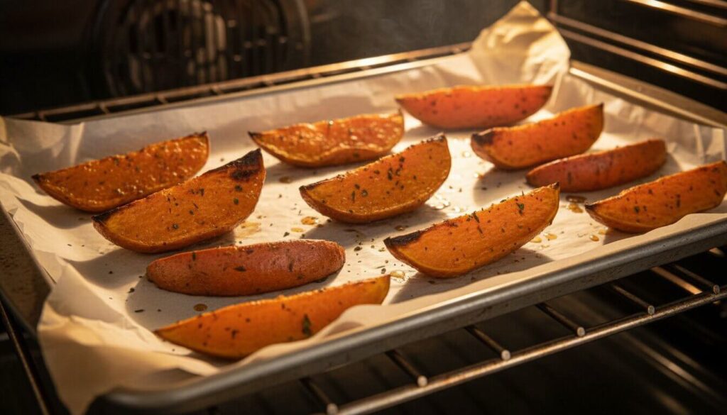 Roasted sweet potato wedges on a baking sheet showing caramelized edges.