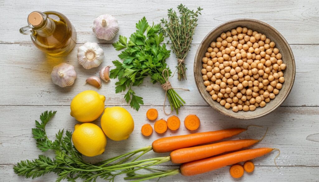 Raw ingredients for Mediterranean vegetable stew including carrots, chickpeas, and garlic.