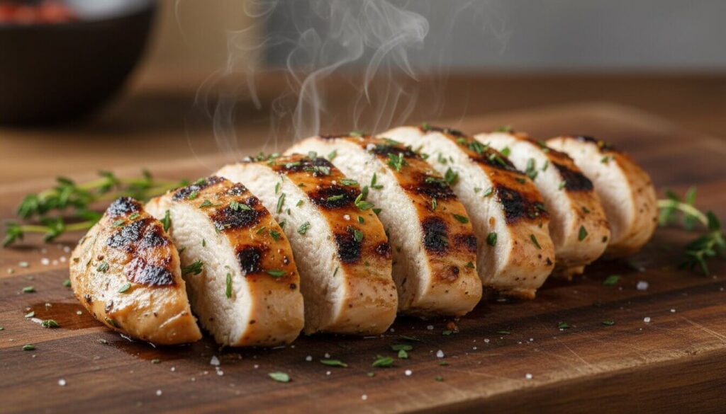 Sliced grilled chicken breast with Mediterranean herb seasoning and grill marks.