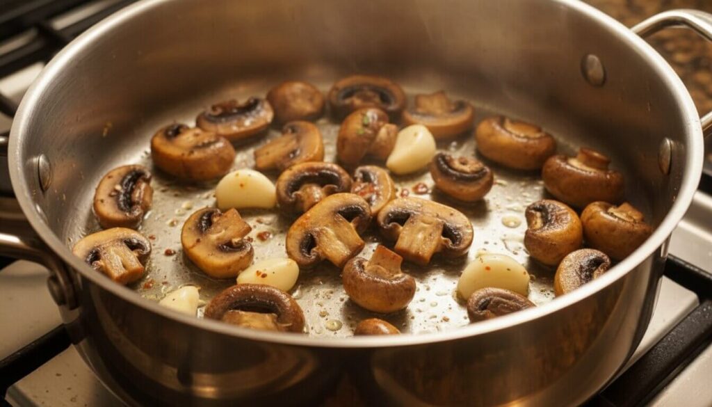 Searing mushrooms and whole garlic cloves in olive oil for Mediterranean soup.