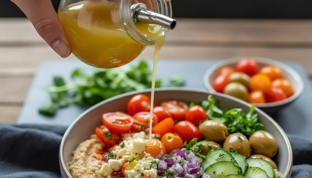 Close up of dressing being poured over a hummus grain bowl recipe.
