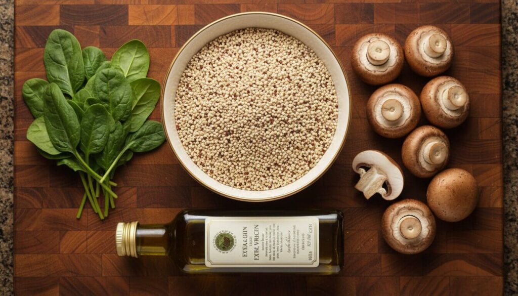 Ingredients for healthy Mediterranean quinoa and mushroom soup including fresh vegetables and olive oil.