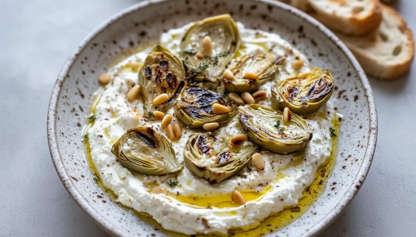 Grilled artichoke hearts served on a whipped feta cloud with pine nuts and olive oil.