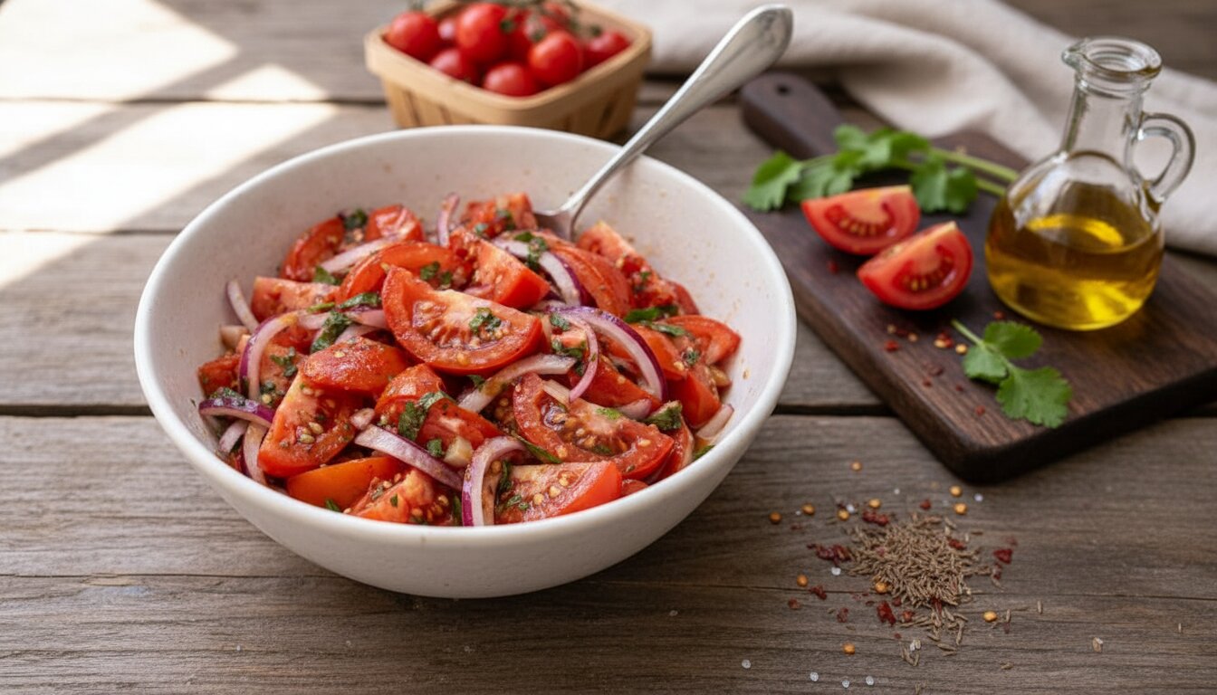 A fresh tomato onion salad recipe served in a blue bowl with olive oil dressing.