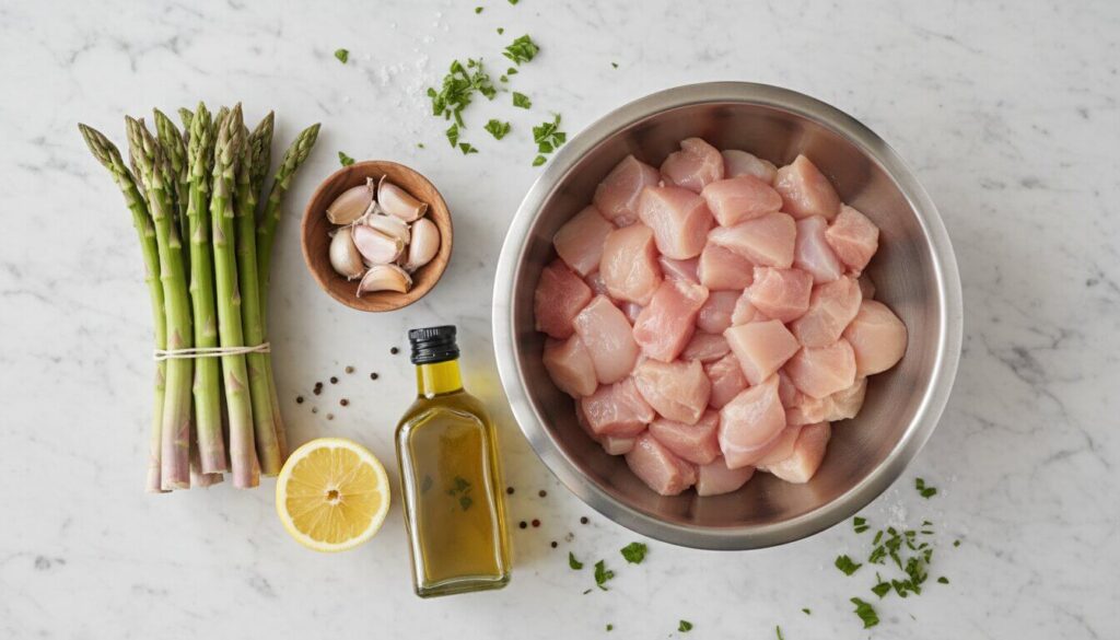 Raw ingredients for Mediterranean garlic butter chicken bites and asparagus.