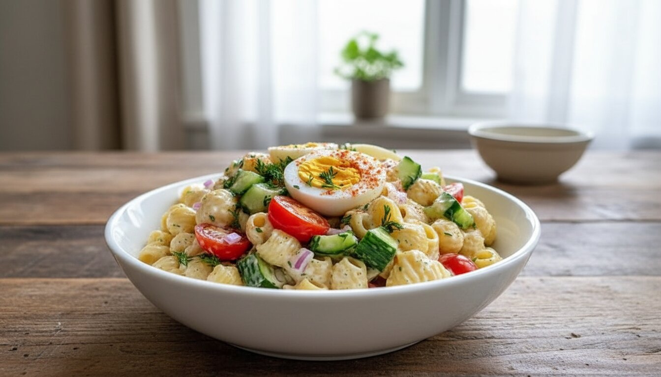 Egg and veggies pasta recipe in a white bowl with fresh basil garnish.