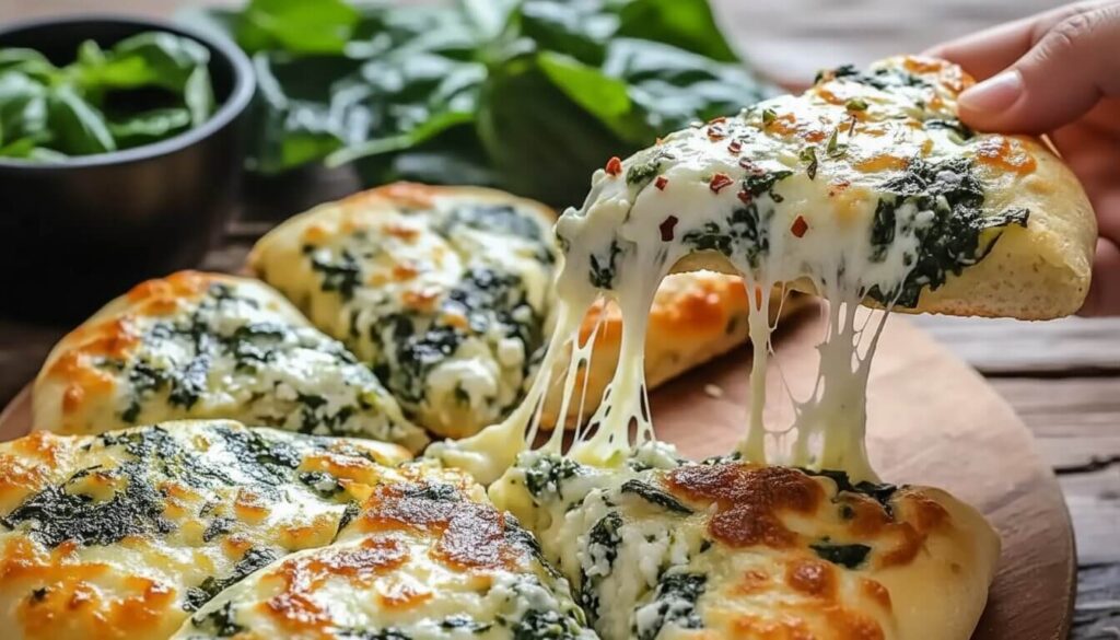 Close-up of melted mozzarella and ricotta on a spinach white pizza slice.