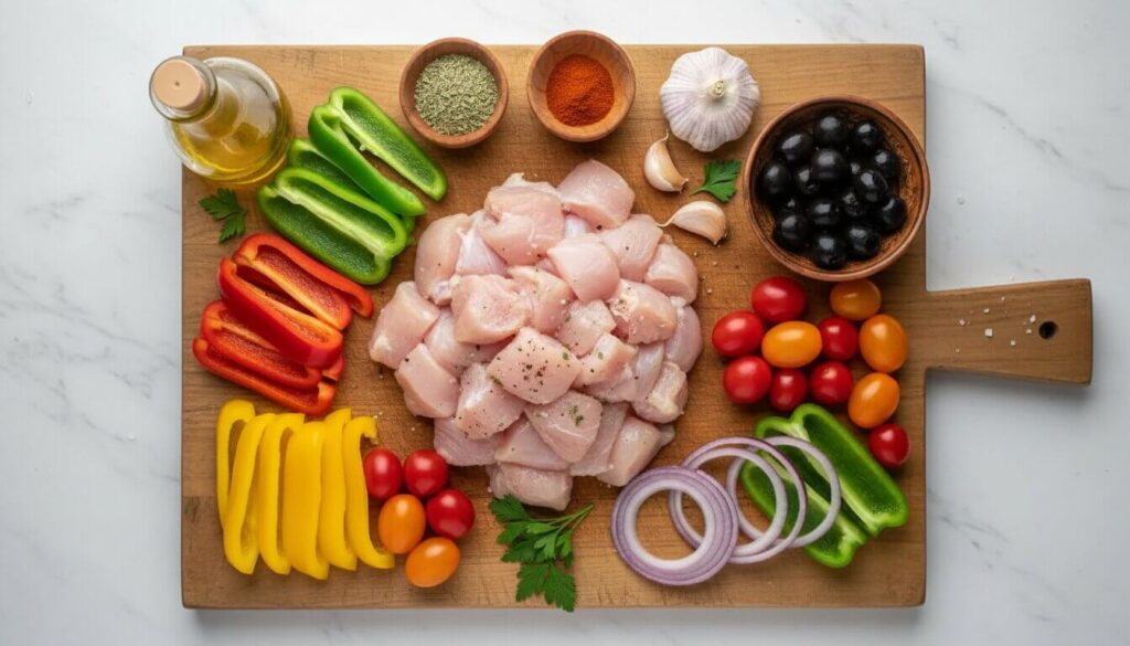 Fresh ingredients for Mediterranean chicken and peppers including vegetables, chicken, and spices.