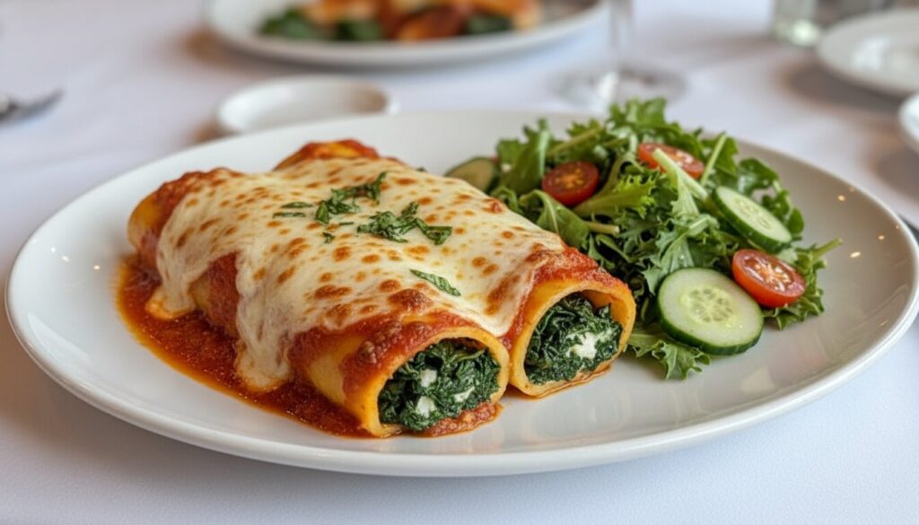 Plated spinach and ricotta cannelloni served with a side salad.