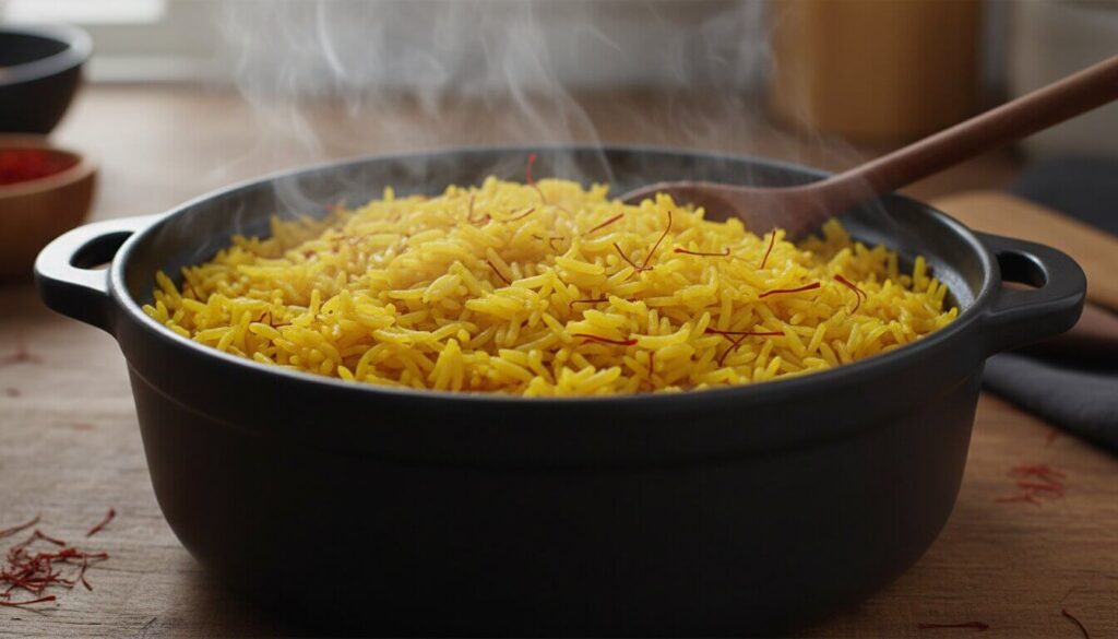 Fluffy golden saffron rice recipe process.